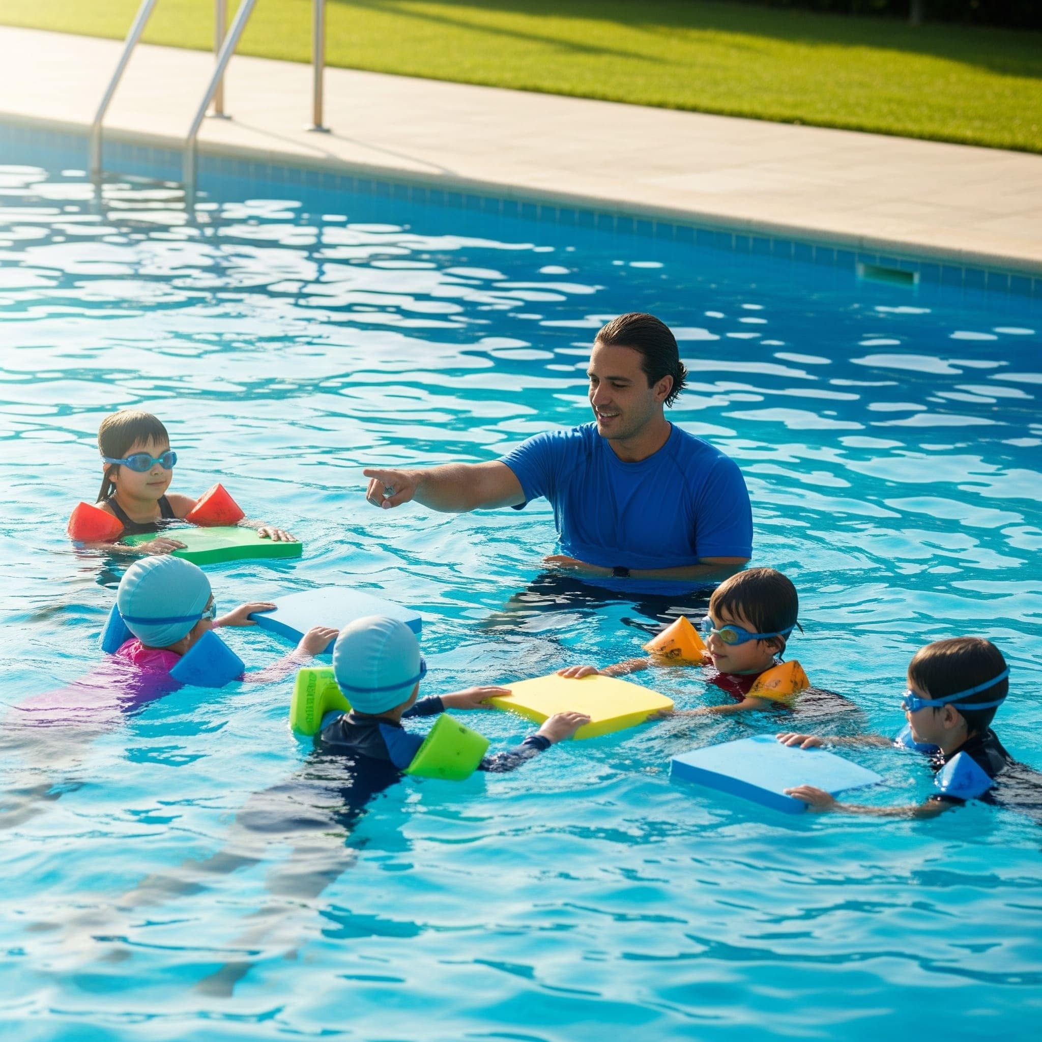 Children learning to swim with an instructor